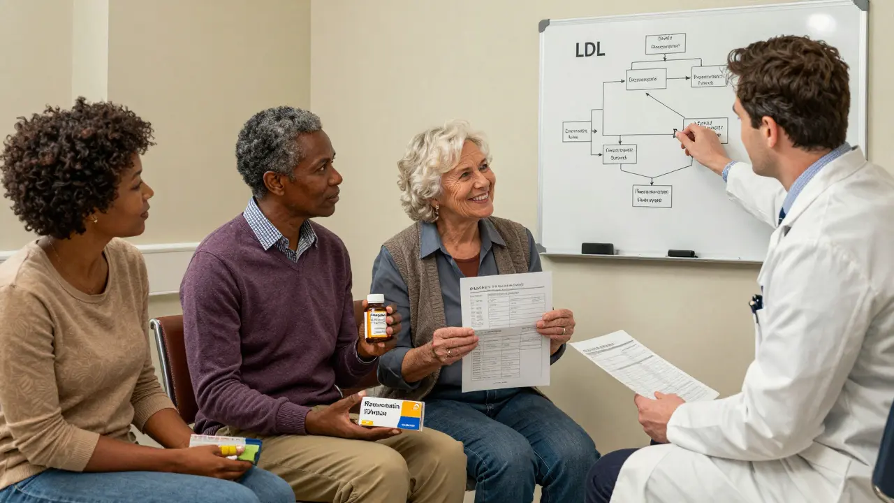 Diverse patients in a clinic waiting room, holding pill organizers and smiling at LDL reports, with a protocol flowchart on the wall.