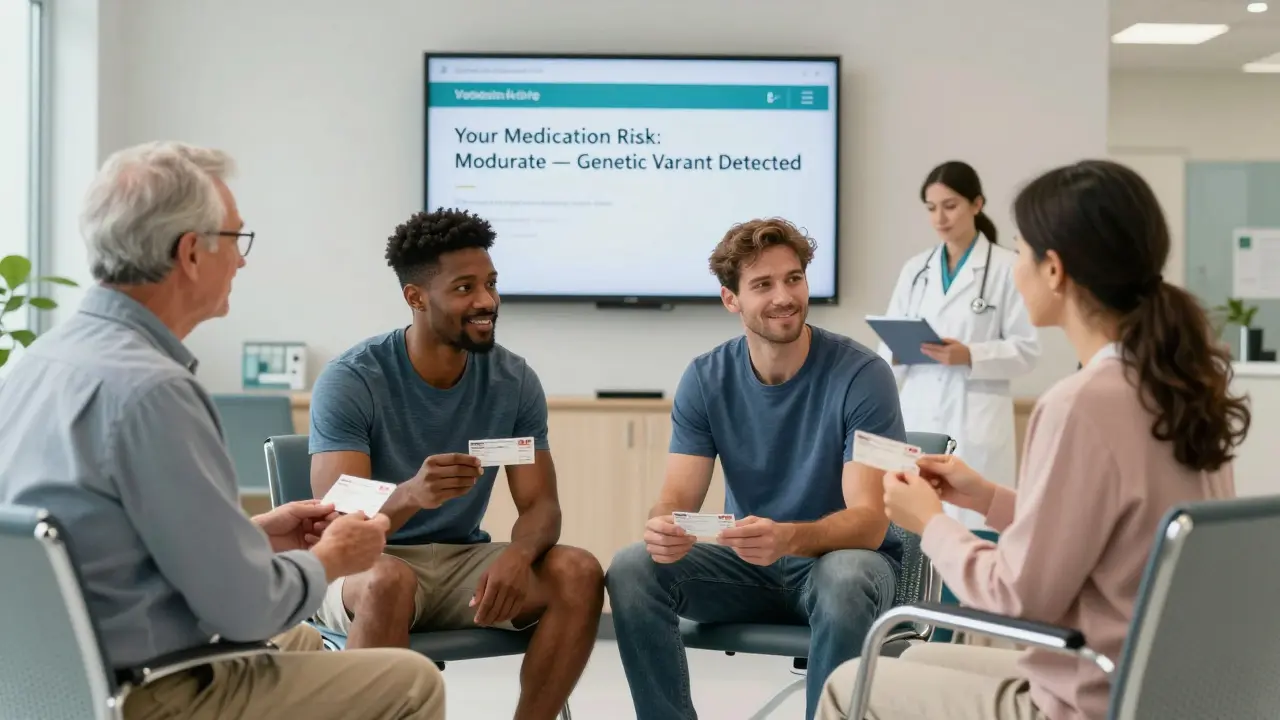 Diverse patients in clinic waiting area, each with prescriptions, while digital screen displays personalized heart risk score.