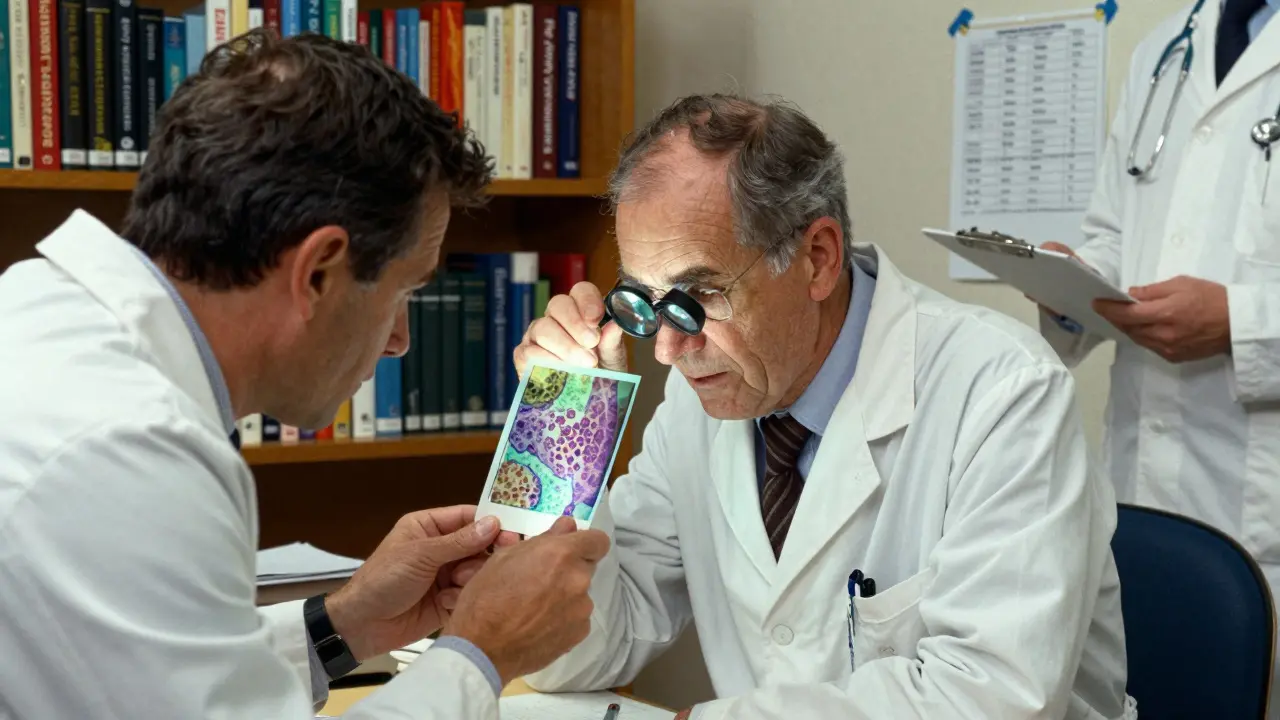Doctors examining a liver biopsy slide under magnification, medical charts and books in the background.