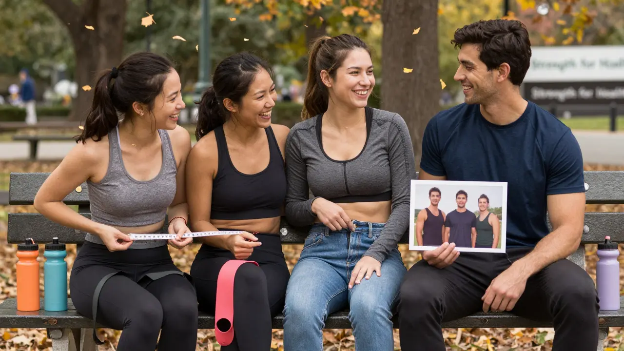 Friends on a park bench celebrating fitness progress with a tape measure, jeans, and a before photo, autumn leaves falling around them.