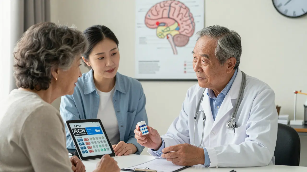 Geriatrician and older woman reviewing medications together in a cozy clinic, tablet showing ACB app.