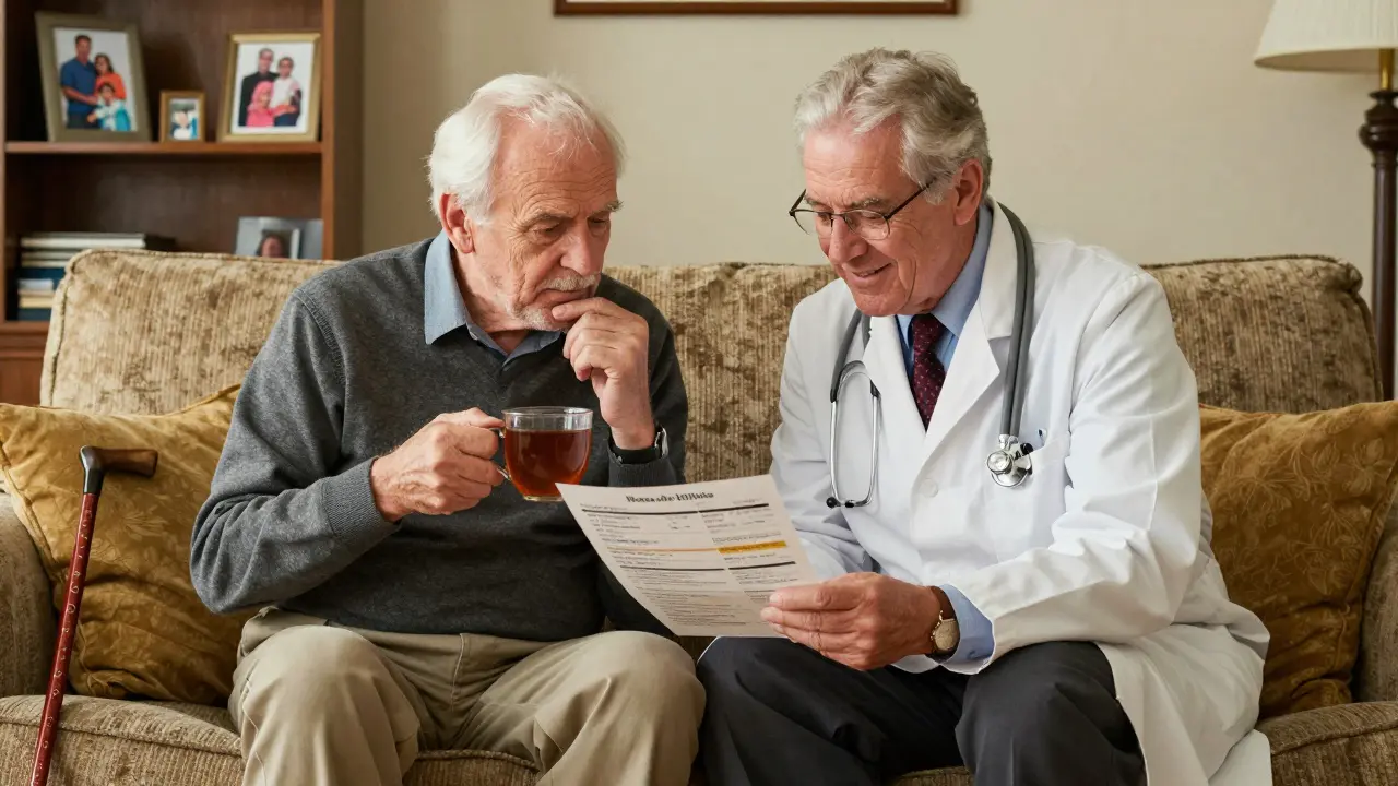 Geriatrician and senior man reviewing medication chart together on a couch.