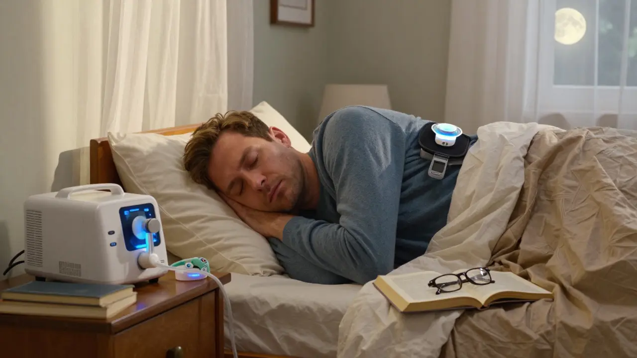 Man sleeping on side with positional device, CPAP and oral appliance on nightstand, moonlight in bedroom.