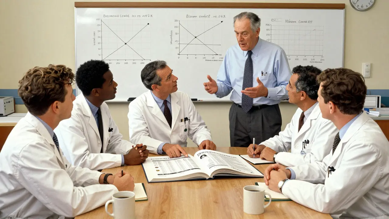 Medical residents learning about generic drug equivalency using FDA Orange Book at a table.