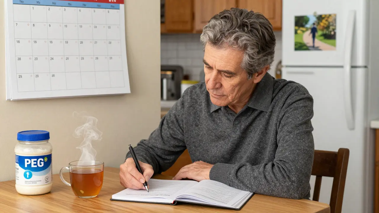 Patient filling out a bowel function index form at home with tea and medication nearby.