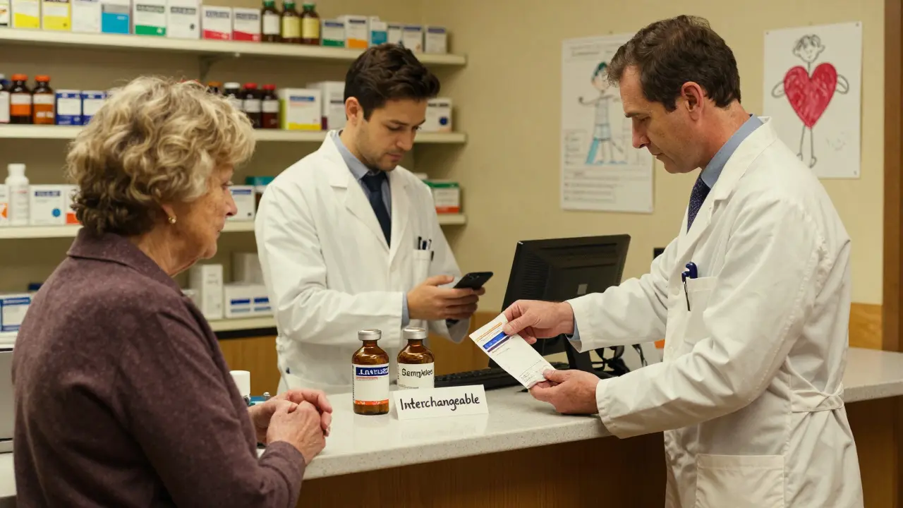 Pharmacist handing a biosimilar insulin prescription to an elderly patient in a cozy pharmacy.