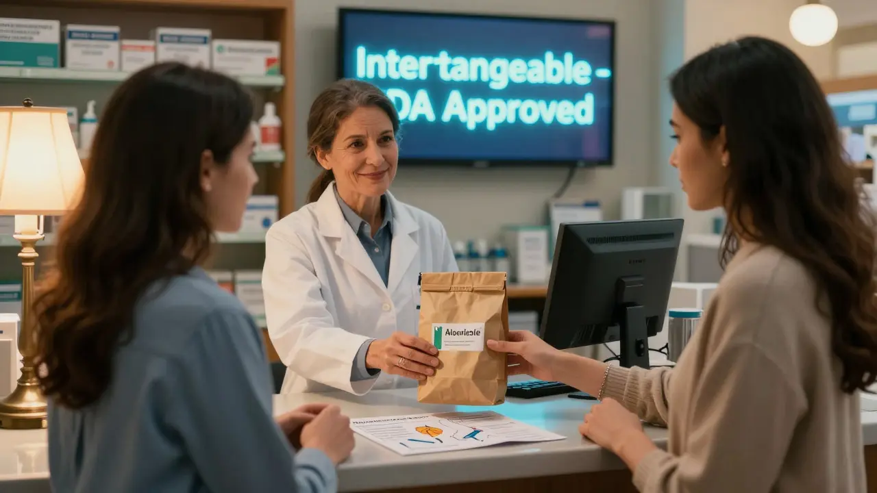 Pharmacist handing a biosimilar medication to a patient with an 'Interchangeable' screen in the background.