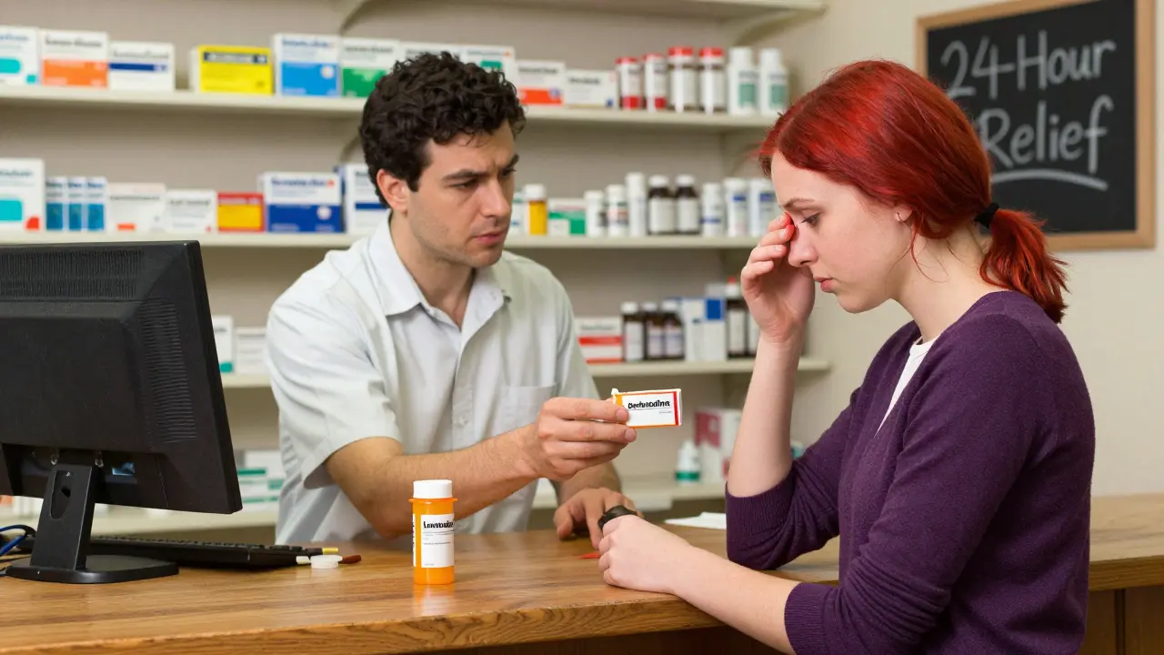Pharmacist handing desloratadine to a woman with itchy eyes, loratadine bottle beside her.