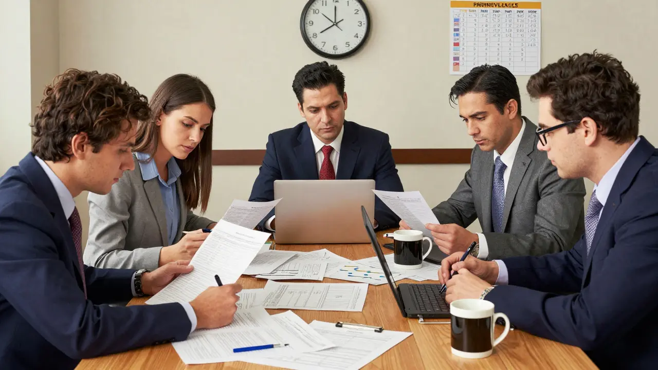 Pharmacovigilance team tracking study deadlines with charts and laptops.
