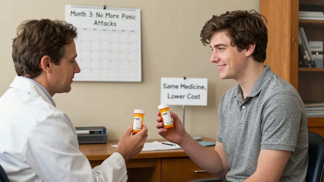 Psychiatrist shows identical generic and brand pills to patient, who smiles with renewed hope.