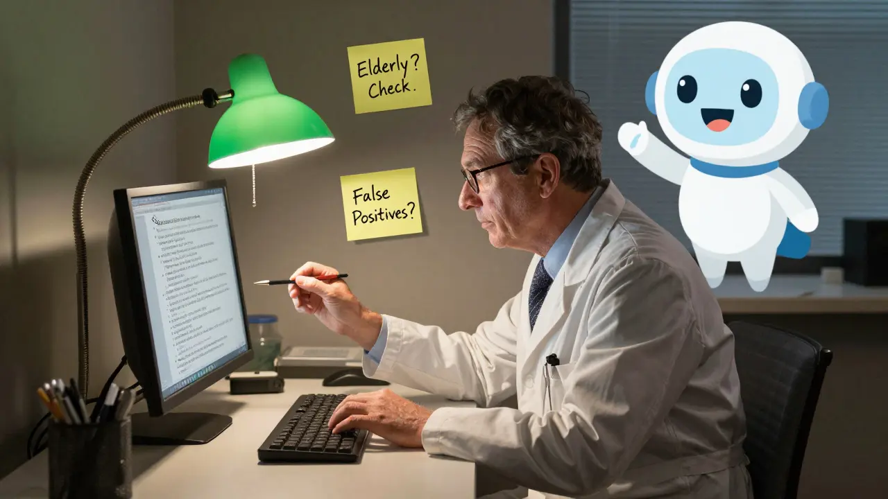 Scientist using AI tools to analyze clinical notes for drug safety signals.