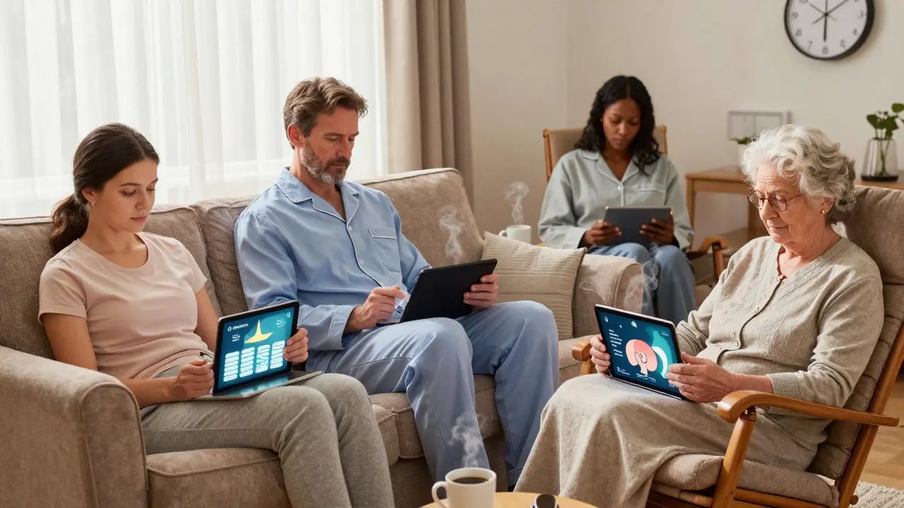 Three people use CBT-I apps at home in morning light, peacefully practicing sleep techniques, representing accessible mental health care.