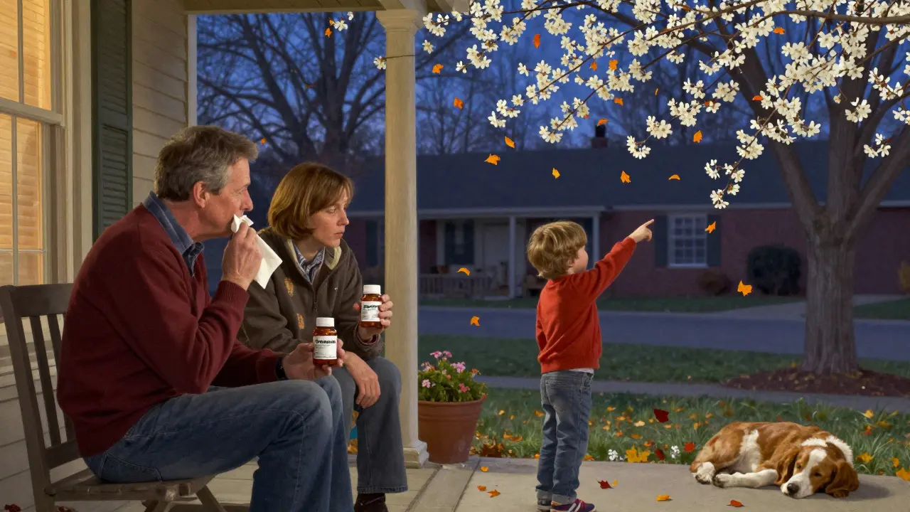 Two neighbors exchanging allergy medications on a porch at dusk, autumn leaves falling.