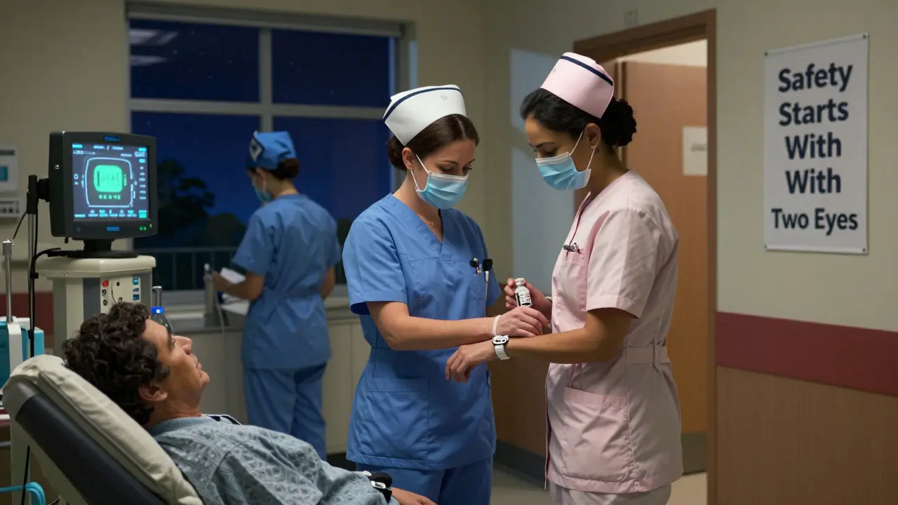 Two nurses double-check a medication dose in an ICU hallway, with a glowing alert monitor and a starry night visible through the window.