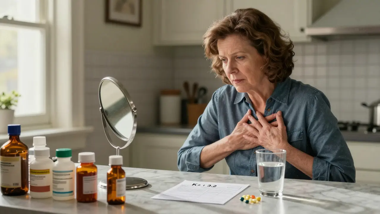 Woman at kitchen counter feeling chest palpitations beside multiple medicine bottles and low potassium test result.