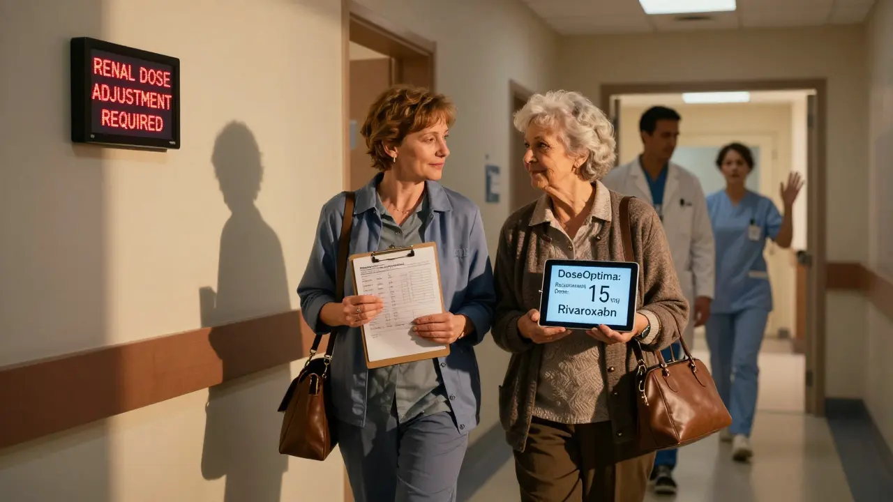A clinical pharmacist guides an elderly woman through renal-adjusted medication using a digital dosing tool in a hospital hallway.