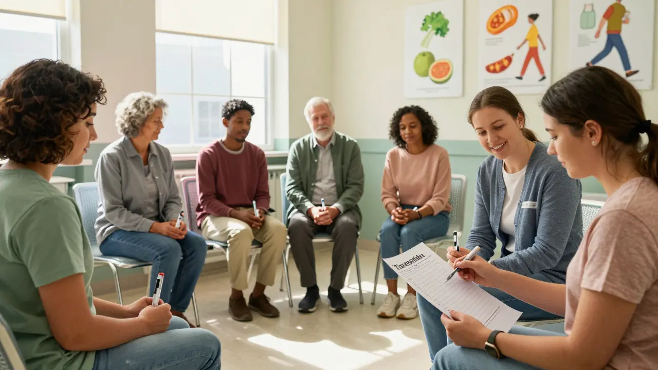 A diverse group of patients in a clinic wait quietly, holding their tirzepatide pens, surrounded by images of healthy living.