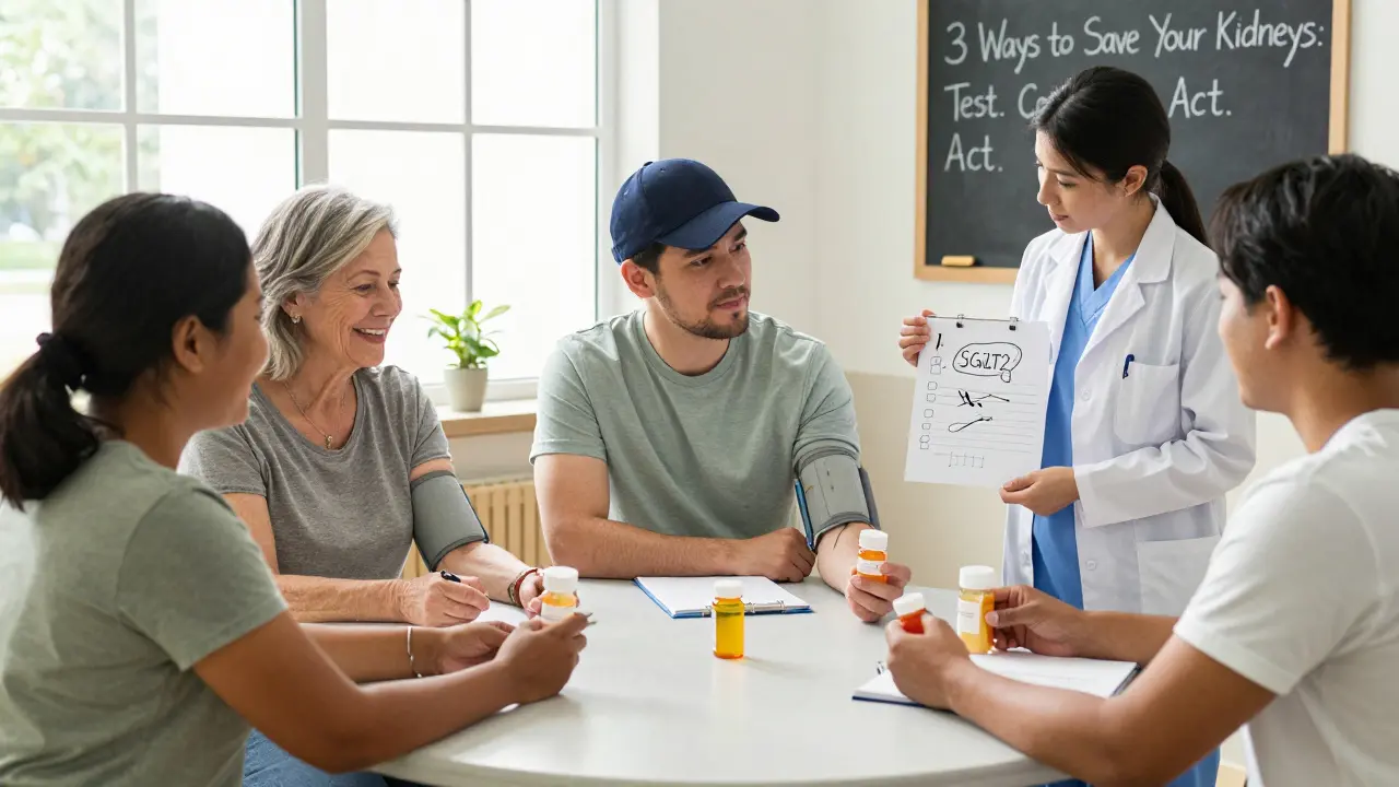 A diverse group of patients learn about kidney health at a community center, holding urine samples and medication bottles under supportive guidance.