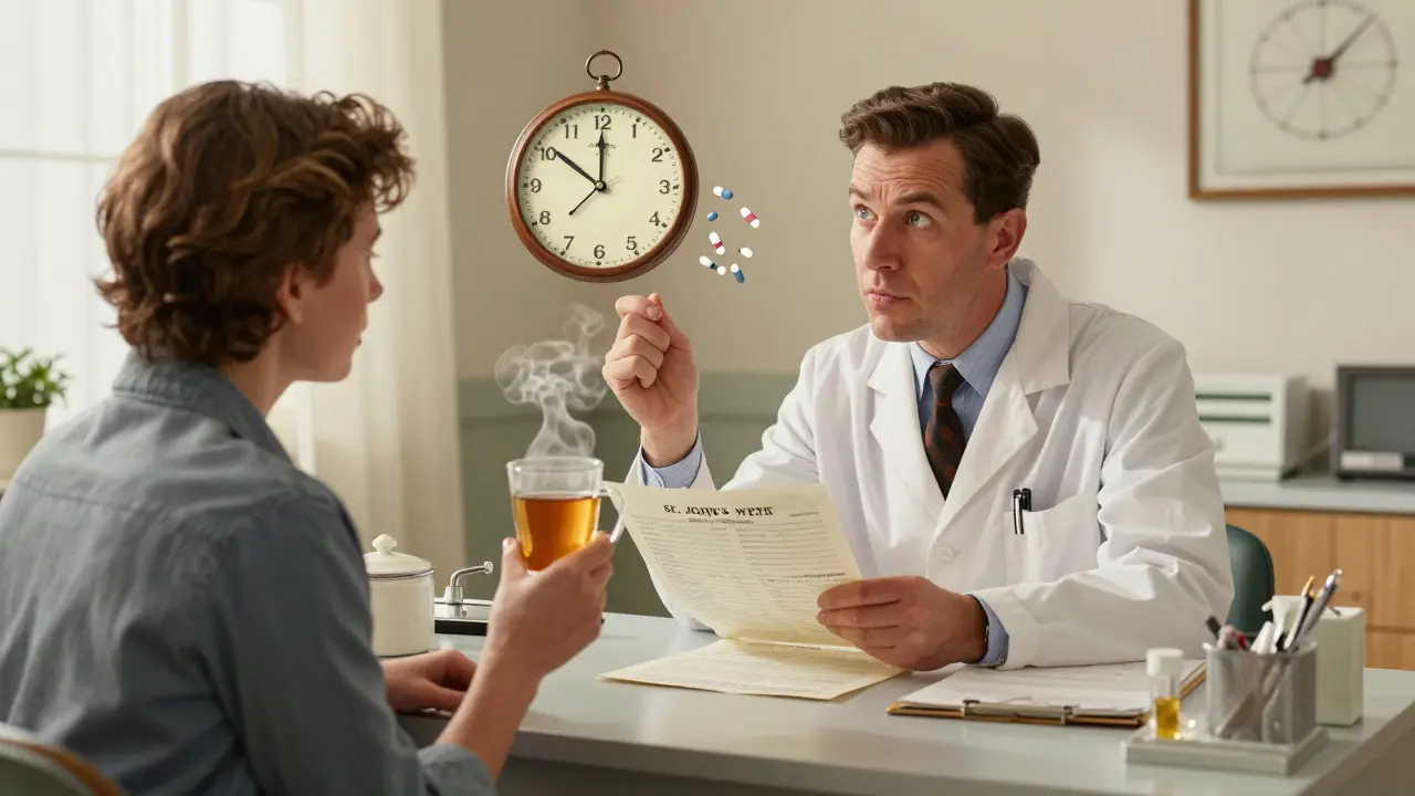 A doctor and patient in a clinic, with the patient holding St. John’s wort tea as a symbolic clock spins pills out of it.