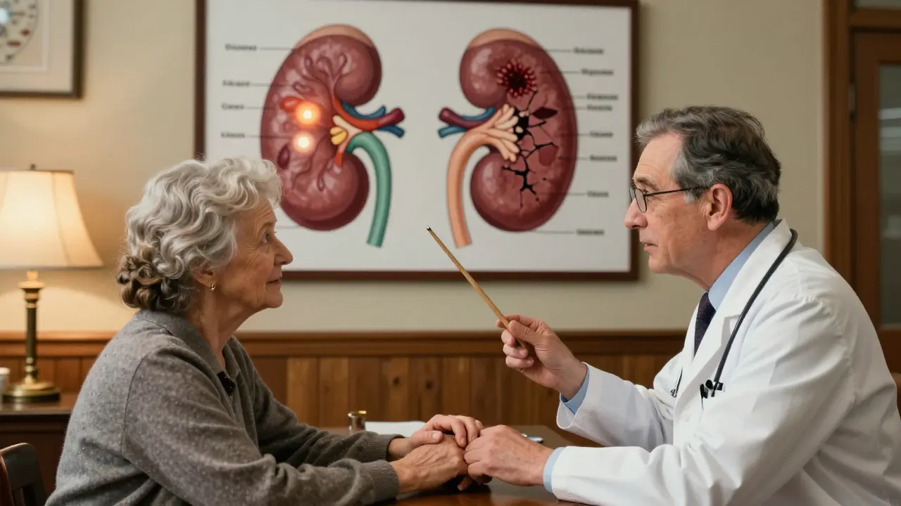 A doctor illustrates kidney damage from diabetes and high blood pressure to an elderly couple in a cozy clinic, emphasizing education and care.