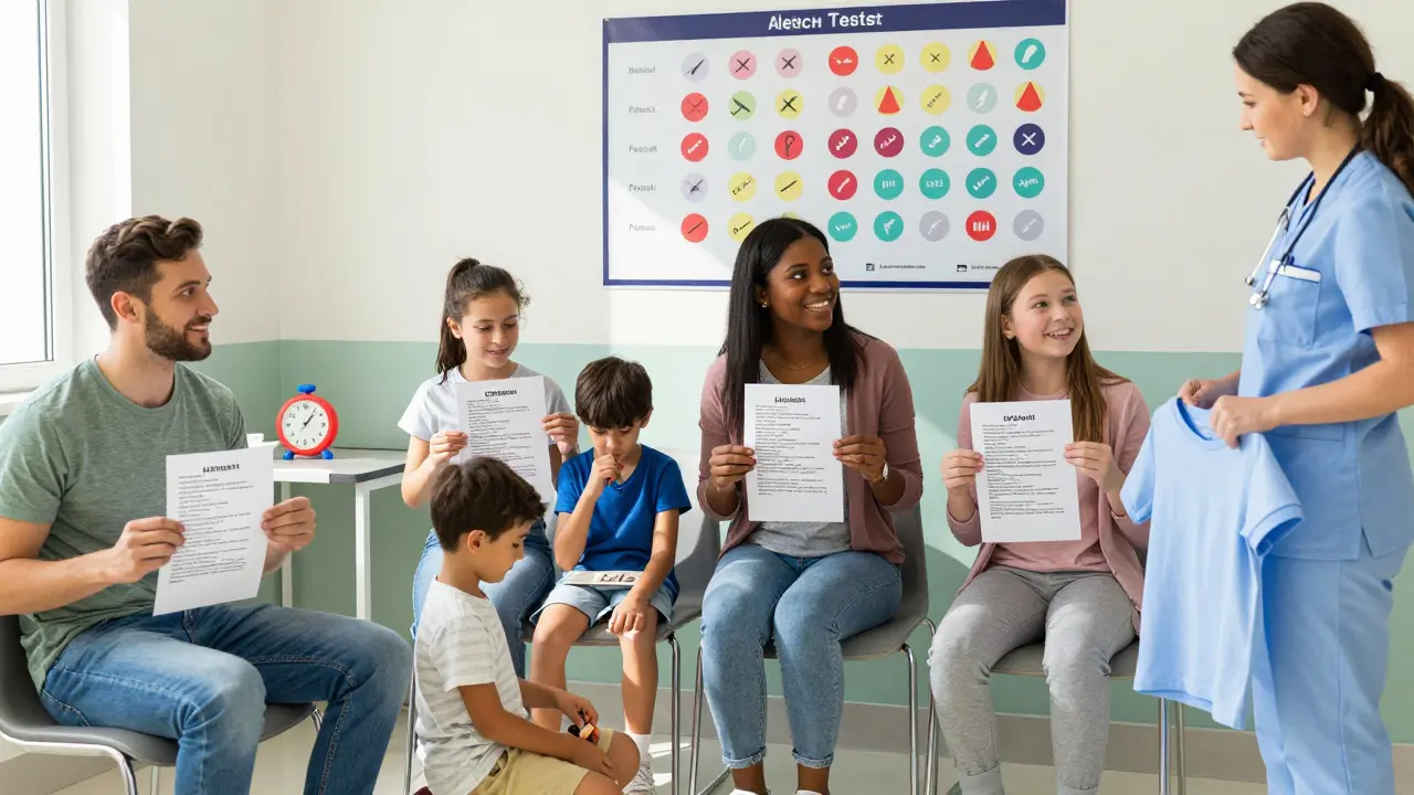 A group of patients smiling in a clinic, holding lists of allergens, with a chart showing test results on the wall.