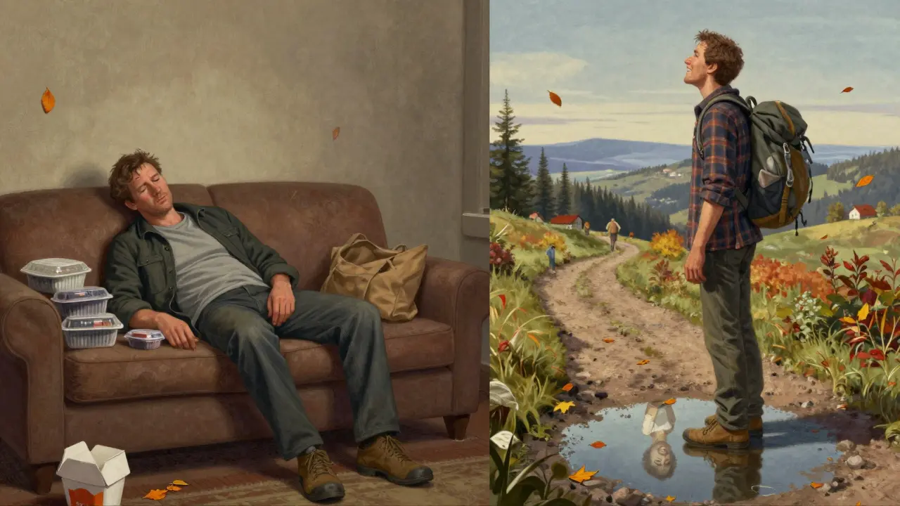 A man's before-and-after scene: once weary at home, now hiking happily on a trail, with his past self reflected in a puddle.