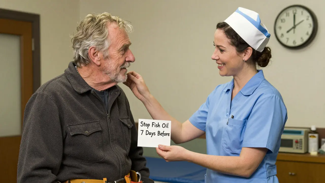 A nurse giving a patient a note to stop fish oil before surgery, with a tool belt nearby.