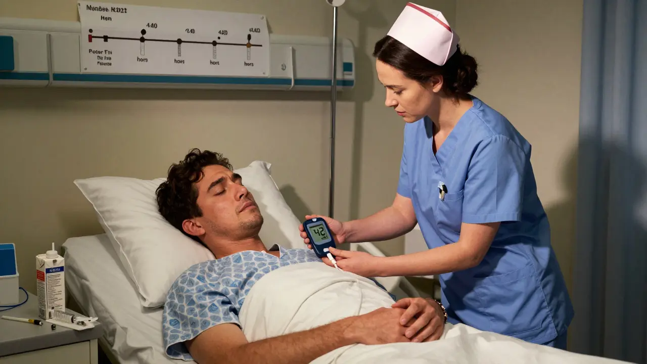 A nurse waking a trembling patient in the hospital at night, with a low blood sugar reading on the monitor.