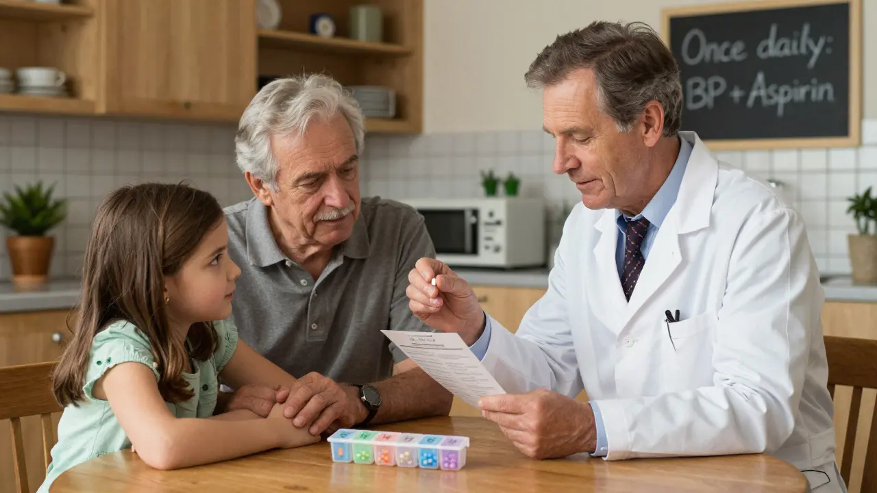 A pharmacist and family reviewing a simplified pill regimen at the kitchen table, with a single combination pill and labeled organizer.