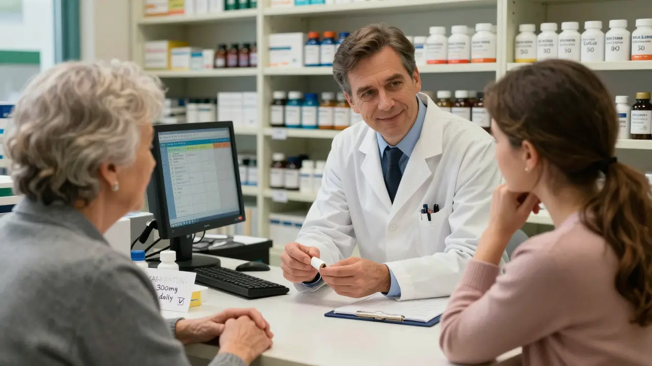 A pharmacist explains kidney-safe dosing to an elderly patient and her daughter in a community pharmacy.