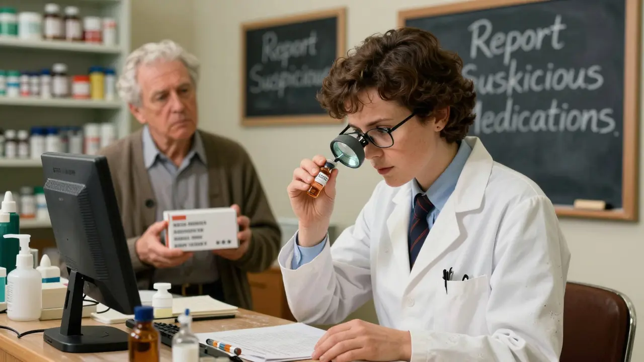 A pharmacist inspects a counterfeit insulin vial under a lamp in a small-town pharmacy.