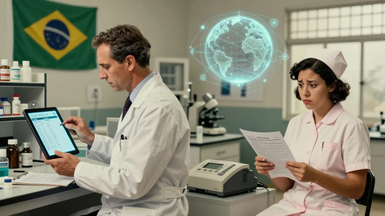 A U.S. lab technician sends digital safety data while a nurse in Brazil struggles with paper reports and a fax machine, under a glowing global data sphere.