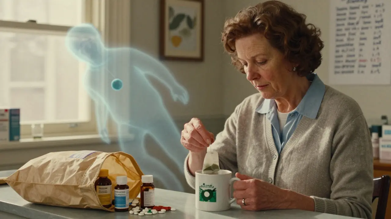 A woman brewing green tea while statin and beta-blocker pills sit open on the counter, a fading cholesterol molecule drifting away.