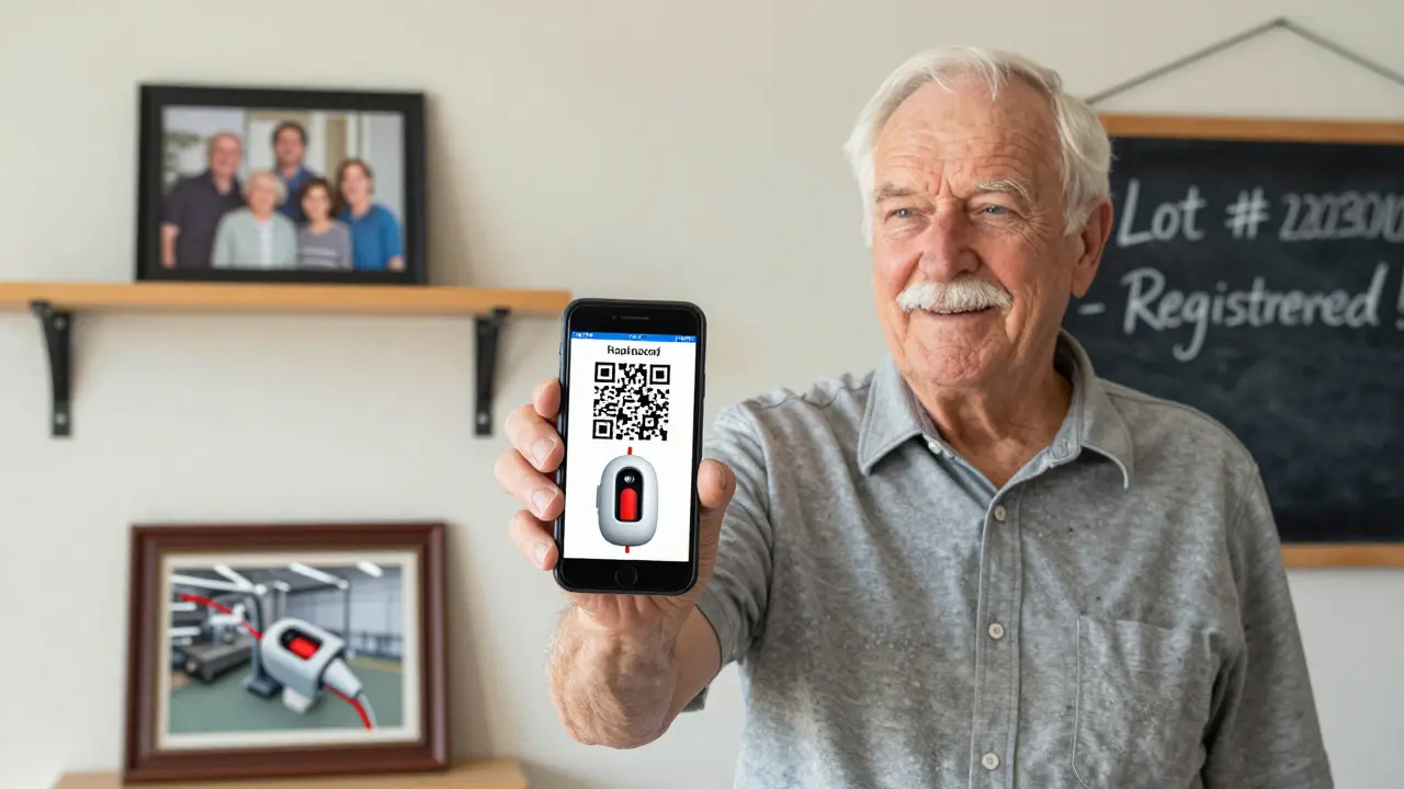 An elderly man scanning a QR code from his implant card, seeing a device journey on his phone.