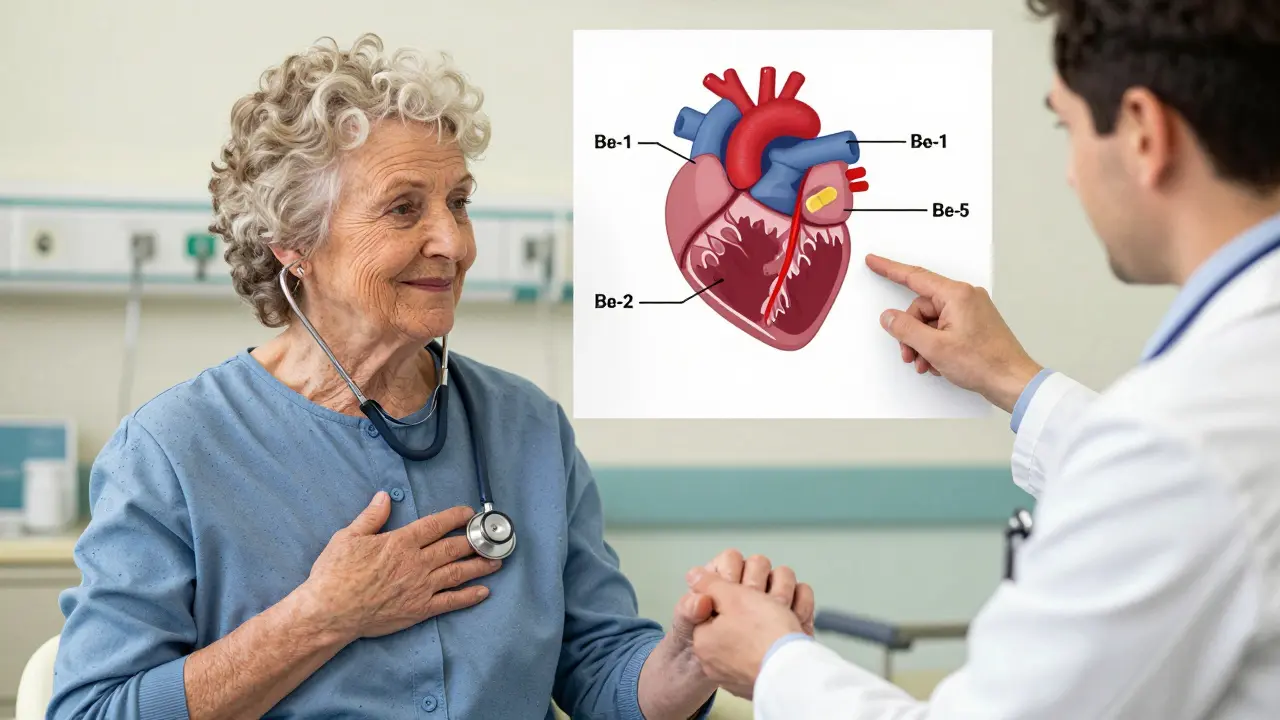 An elderly patient and doctor discuss heart health with a visual diagram of beta receptors.