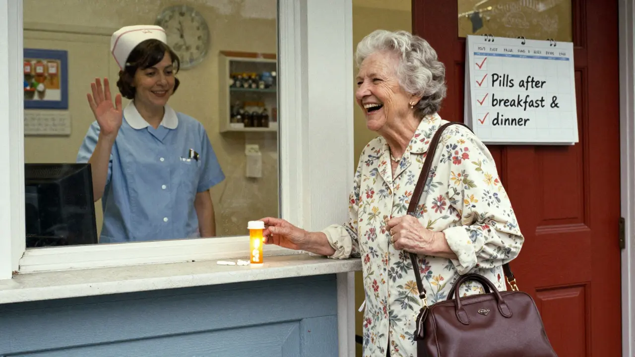 An elderly woman leaving her home confidently, with a glowing pill dispenser on the counter and a calendar marked for simplified dosing.