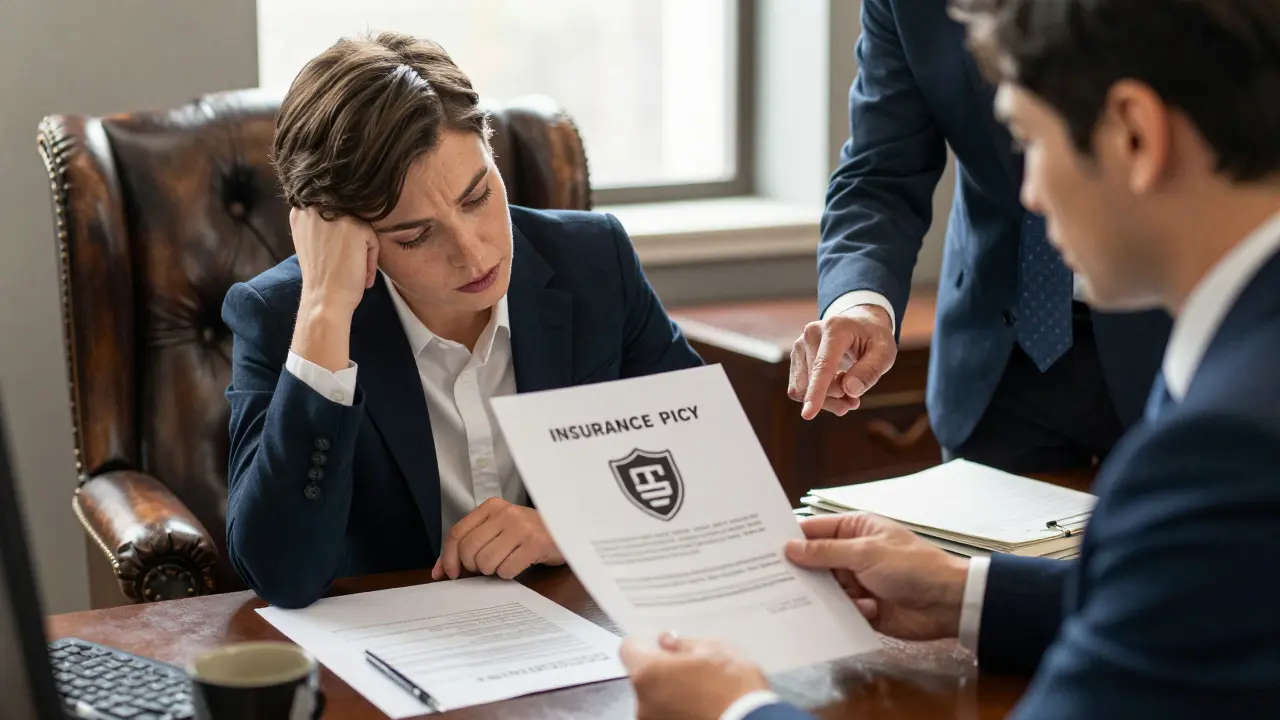 Business owner and insurance agent discussing policy with shield symbol in office.