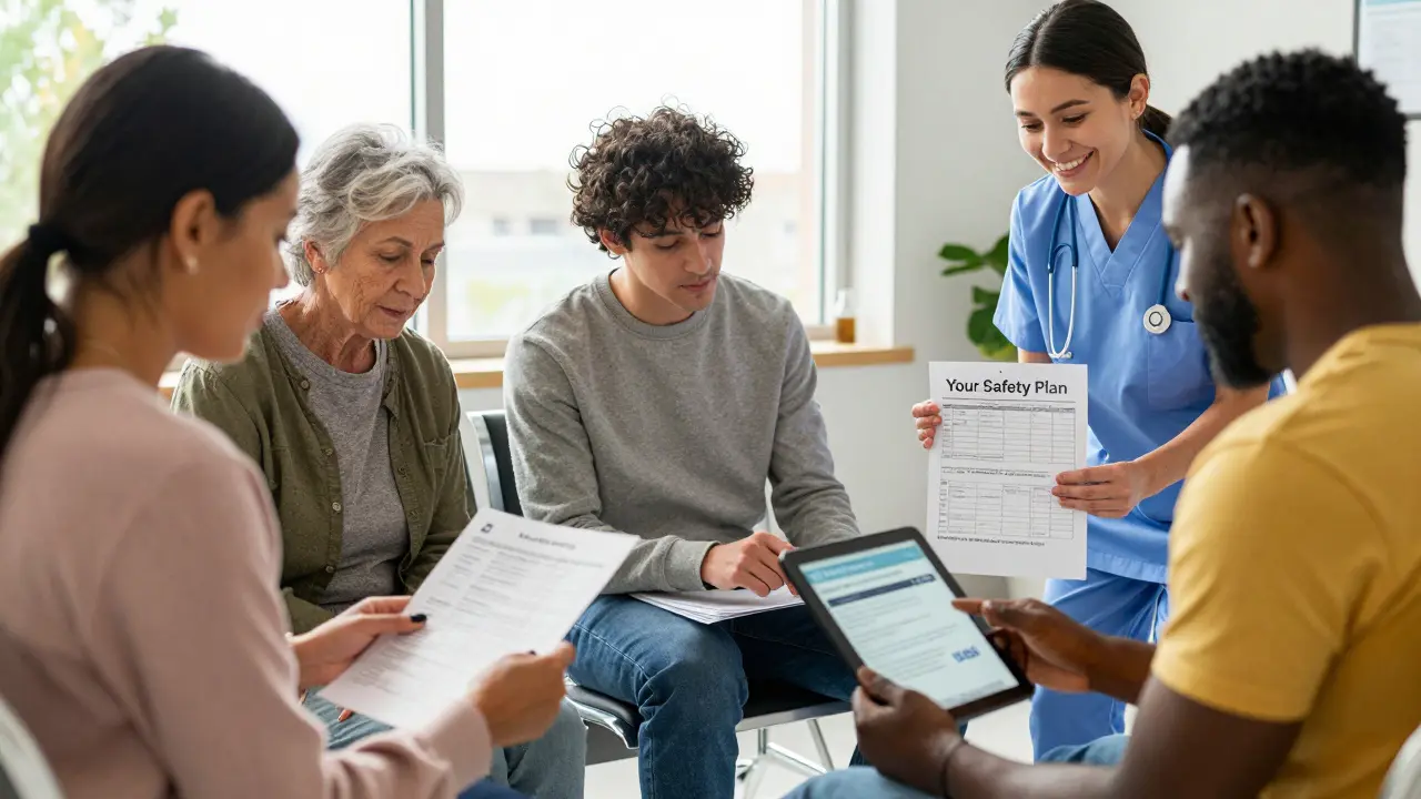 Patients in a clinic waiting room reviewing medical records with a nurse's guidance.