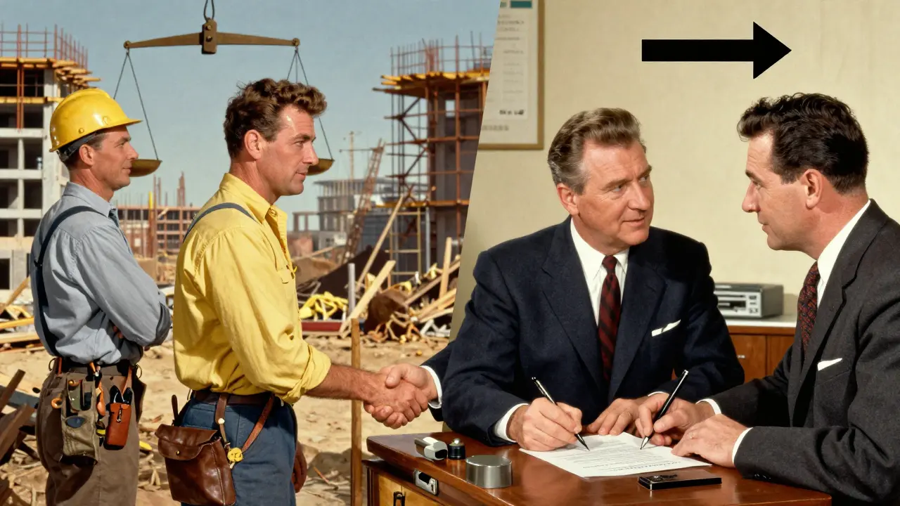 Split scene of construction workers and software vendor signing contracts with risk symbols.