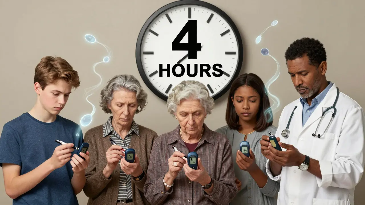 Three people with diabetes staring at their insulin devices, with glowing insulin trails and a '4 HOURS' clock in the background.