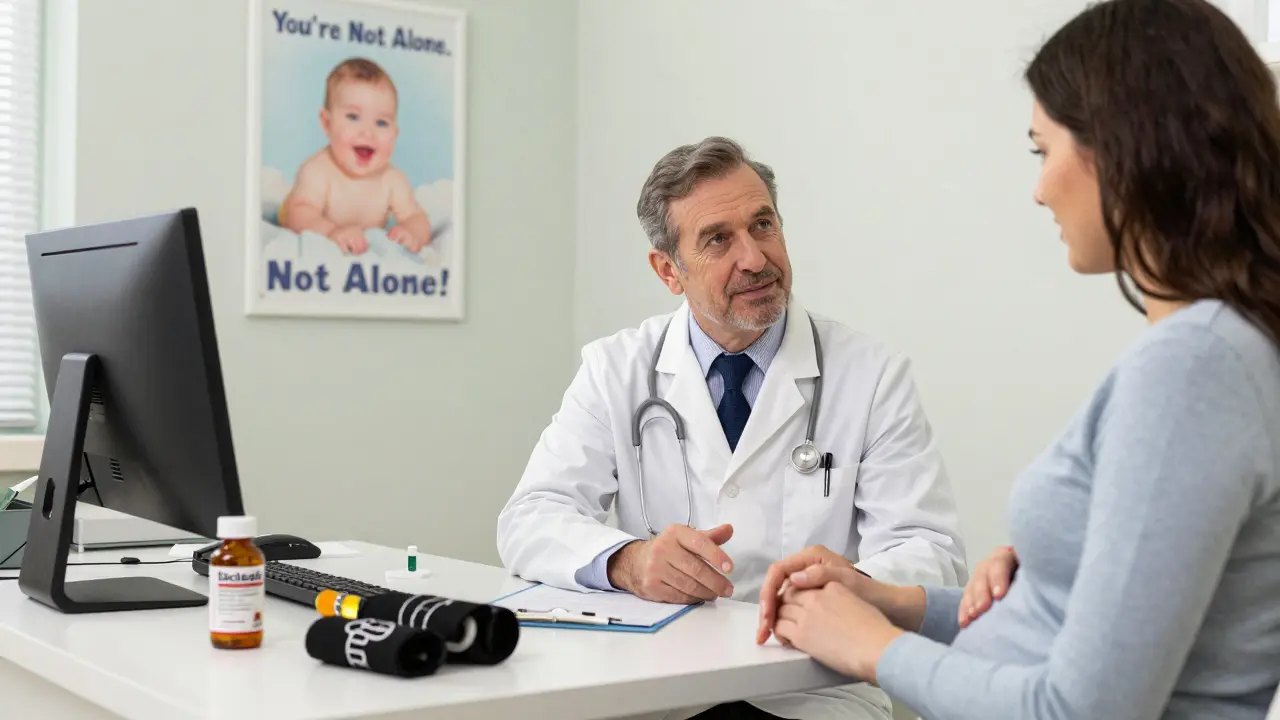 A doctor and pregnant patient in a clinic, discussing treatment options with Diclegis, B6, and wristbands on the desk.