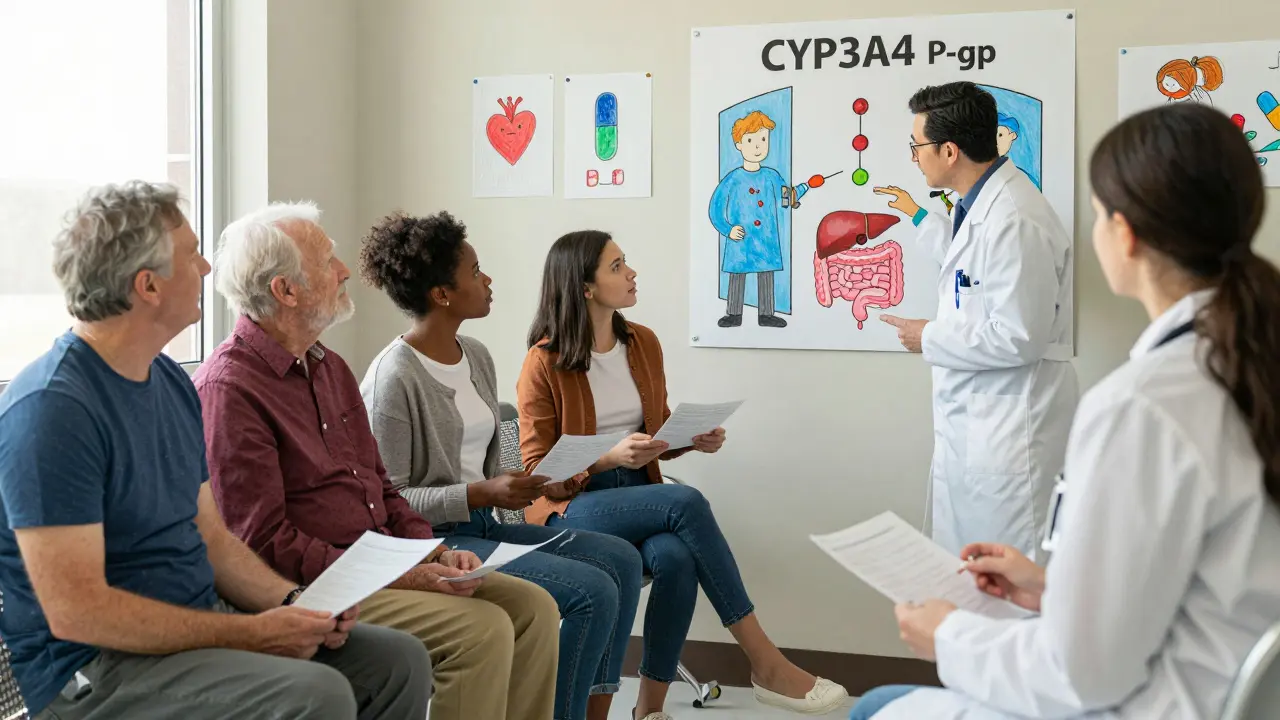 A doctor explains antiviral drug interactions using an illustrated poster in a clinic waiting room.