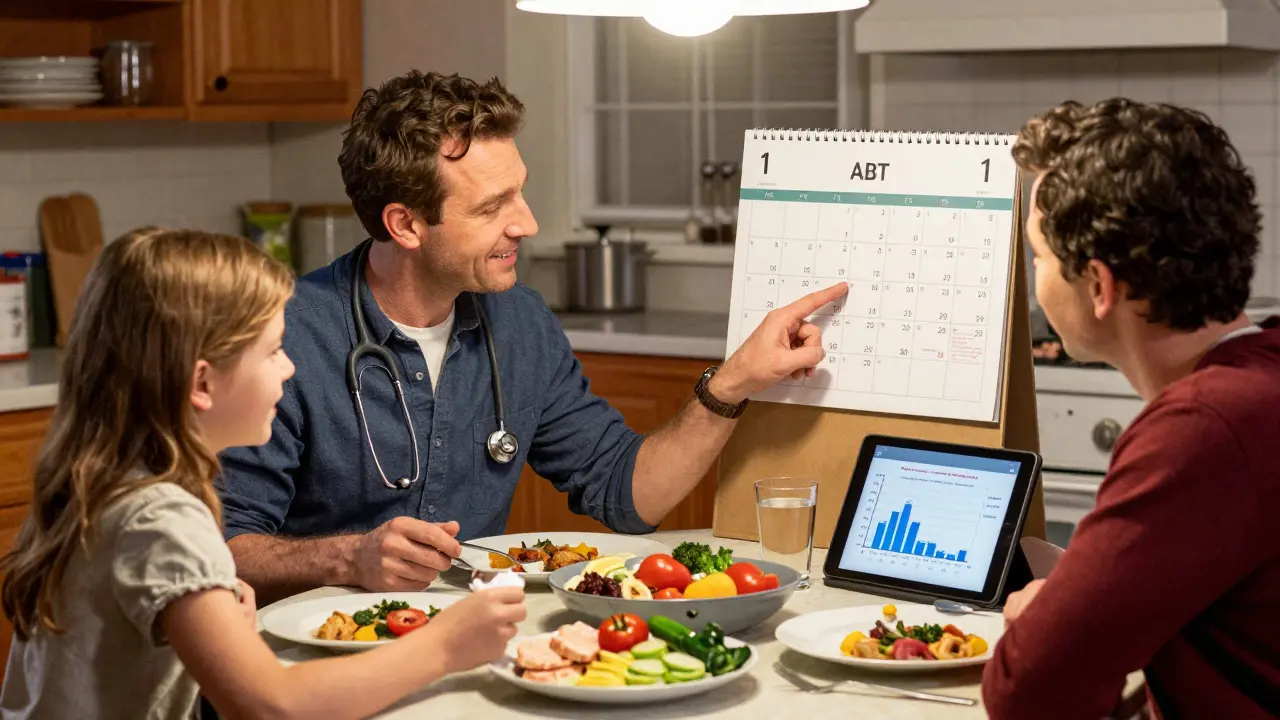 A family at dinner discusses weekly potassium monitoring, with a calendar and moderate-salt meal on the table.