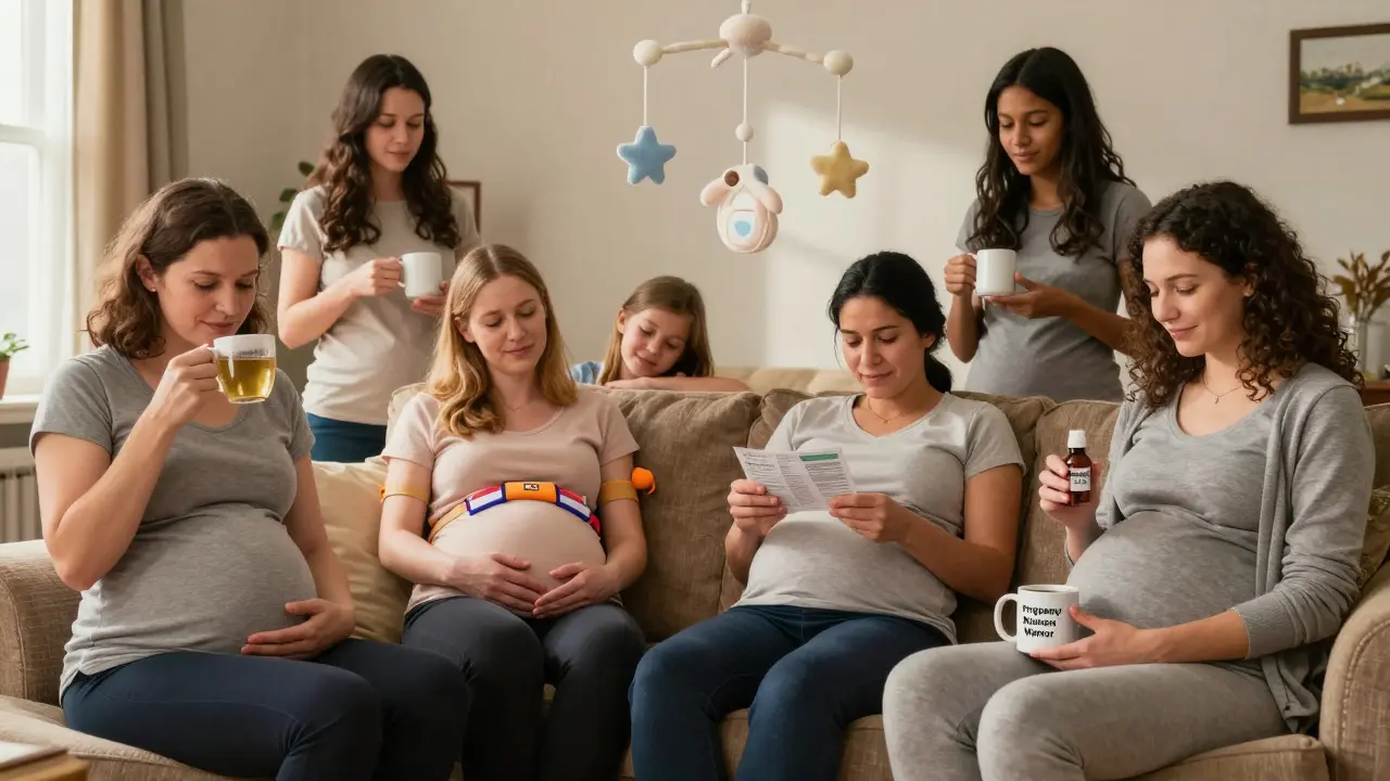 A group of pregnant women in a living room using various morning sickness remedies, smiling together under a baby mobile.