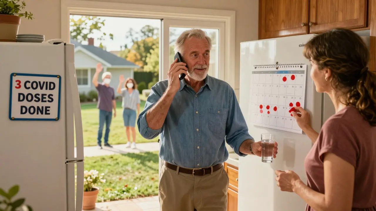 A man in his kitchen talking on the phone about vaccines while his wife prepares water, with vaccine dates marked on the fridge.