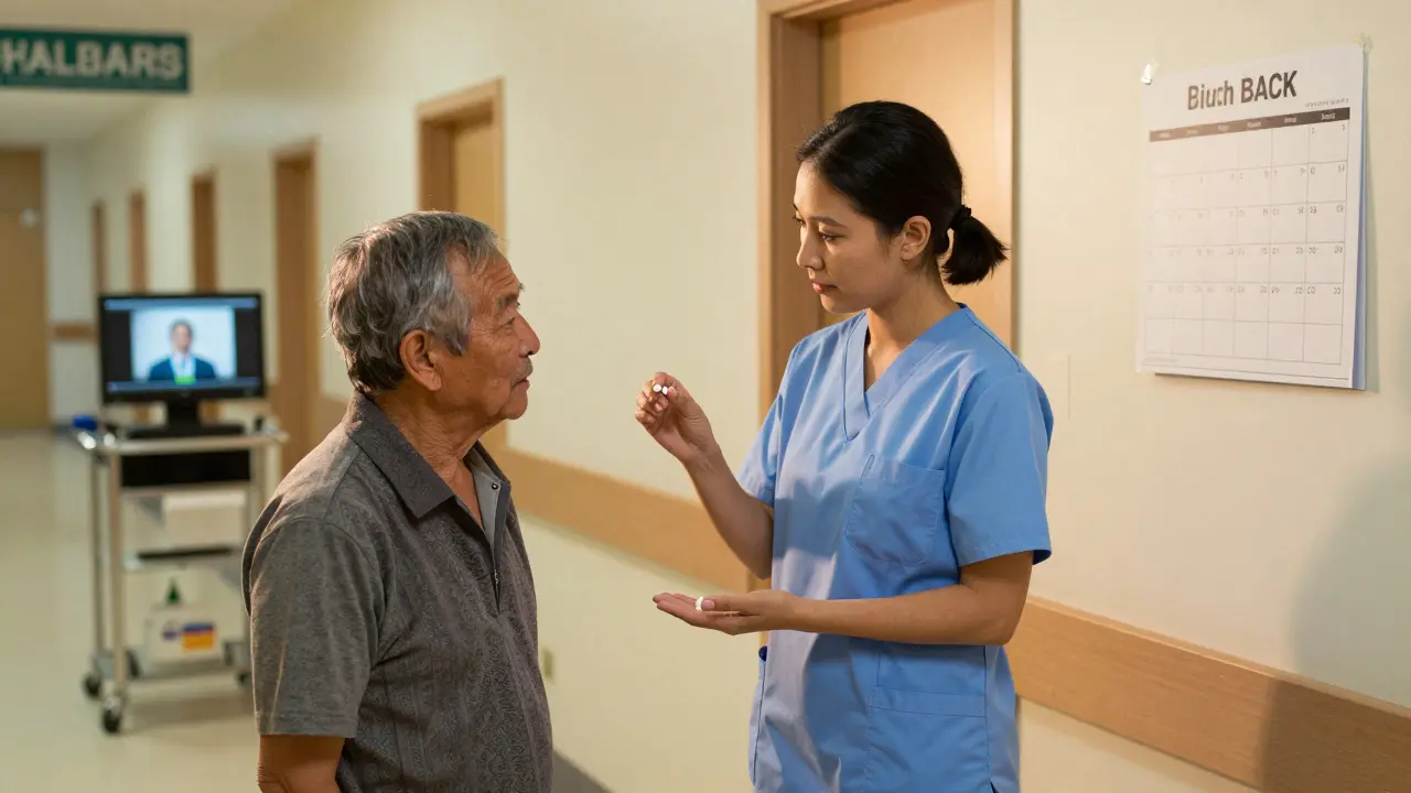 A nurse and elderly patient use the teach-back method in a hospital hallway with a video interpreter on screen.