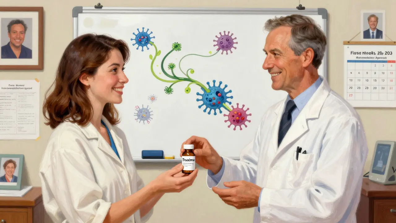 A pharmacist gives a biosimilar prescription to a chemotherapy patient, with a whiteboard illustrating antibodies as vines targeting cancer cells.