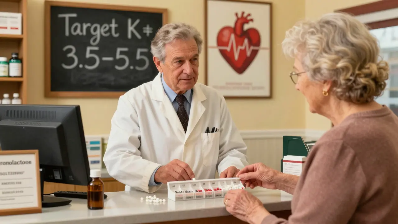 A pharmacist hands a pill organizer to an older woman, showing medications for heart failure and potassium balance.