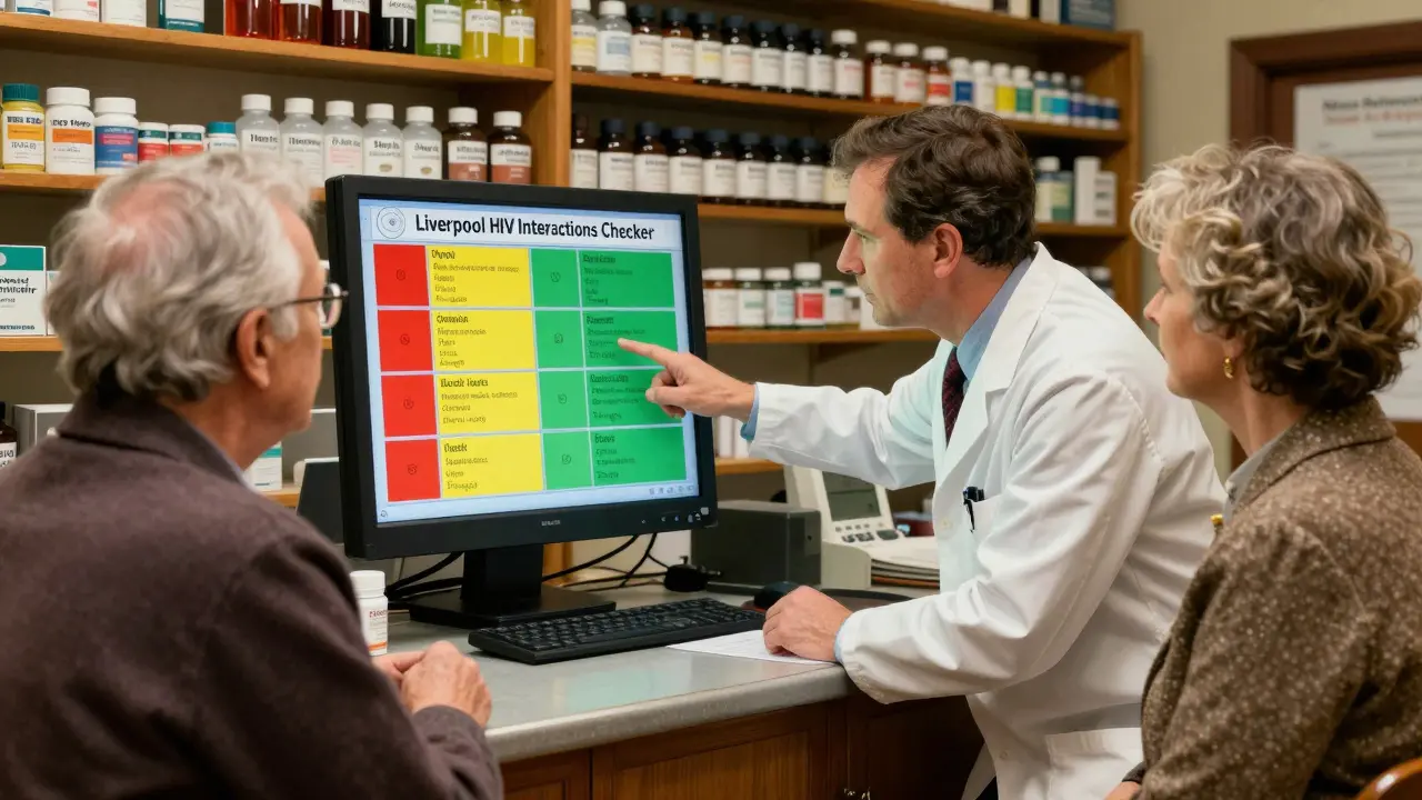 A pharmacist shows a color-coded drug interaction chart to an elderly patient in a cozy pharmacy.