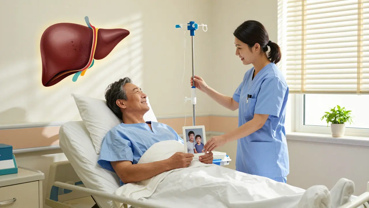 A post-transplant patient smiles in recovery, holding a family photo as a healthy liver illustration glows on the wall.